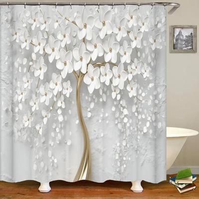 Rideau de Bain Imprimé Arbre de Fleurs 3D Polyester Imperméable Avec Crochets Décoration de Maison Rideau de Douche Paravent de Salle de Bain