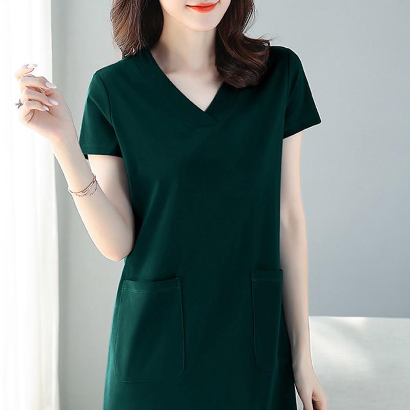 Peacock Blue Short-sleeved Dress for Women Spring Summer Mid-length Loose V-neck Skirt