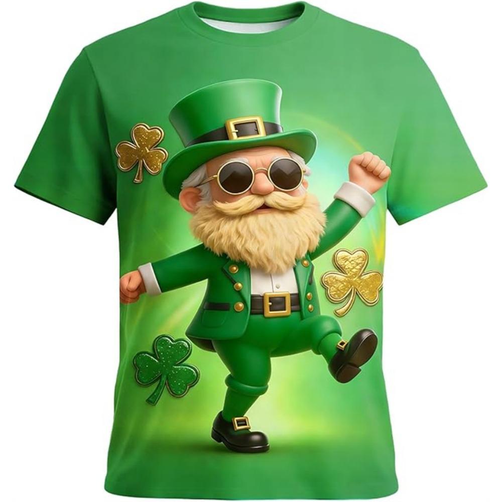 Men's Fashion Short-Sleeve Crew Neck Top 3D Printed Lucky Four-Leaf Clover Green T-Shirt