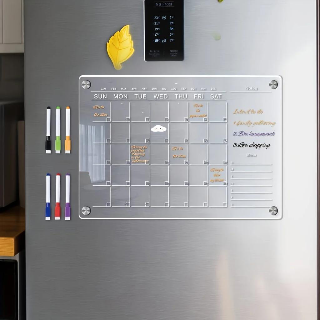 1pc-Flat Board Transparent White Acrylic Magnetic Refrigerator Sticker. Including 6 Magnetic Marker pens,Record Daily Plans