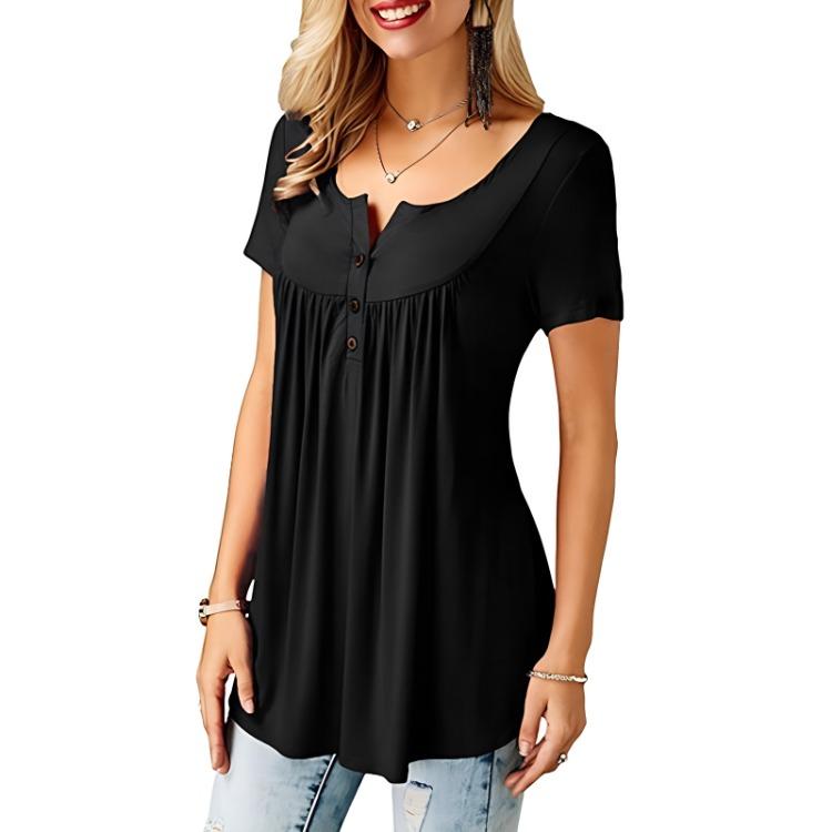 Ladies Casual Women Blouse O Neck Shirts Loose Elastic Short Sleeve Tunic Button Top