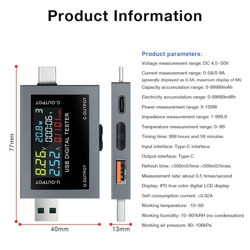 Type-C USB Tester Voltmeter Ammeter DC4.5~50V Digital Voltage Current Power Meter Cell Phone Charging Battery Capacity Detector