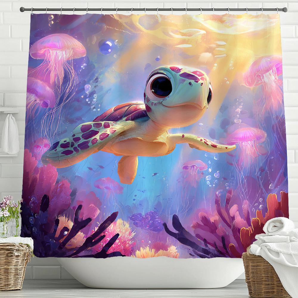 Ocean World Dolphins And Sharks Shower Curtain, Underwater World Bathroom Decorative Curtain, Printed Home Curtain With Hooks