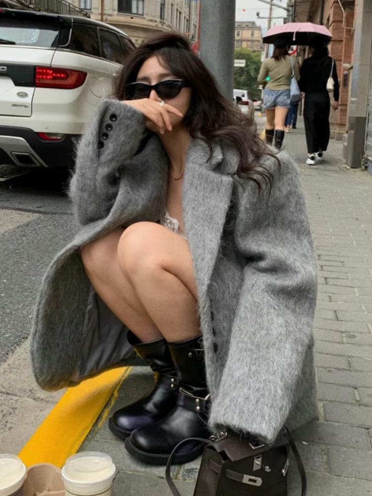 Pevná Elegantní Vintage Kožešinová Bunda Dámská Nová Móda Sladký Volný Kancelářský Kabát Dámský Korejský Návrhář Ležérní Streetwear Oblečení 2024