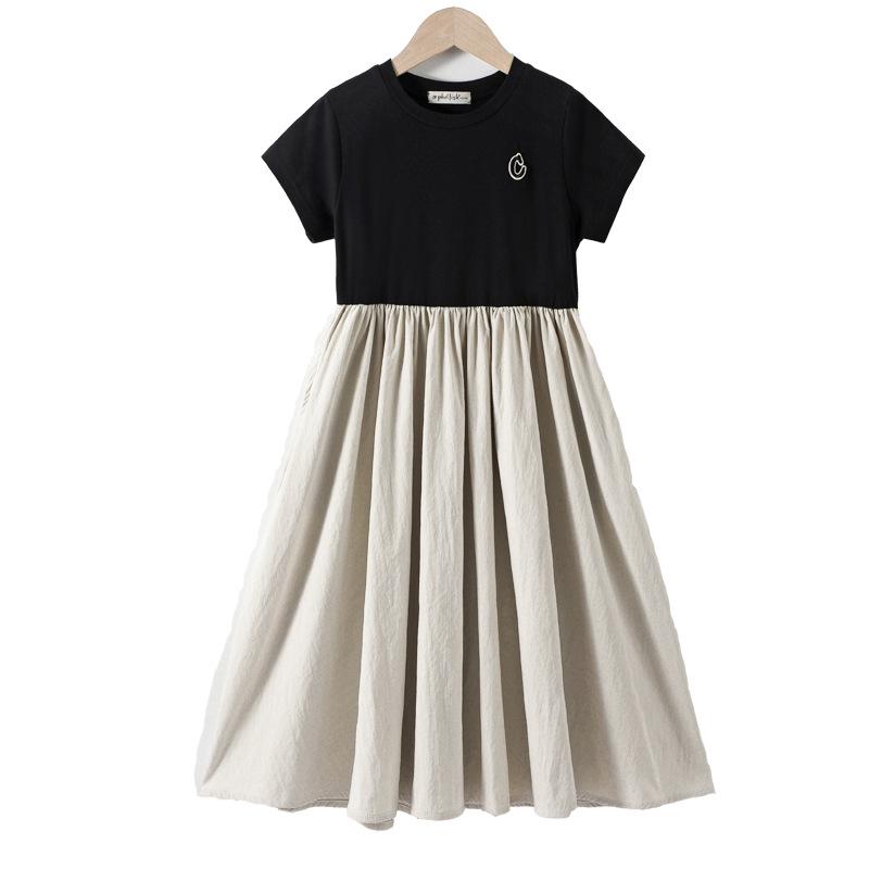 

Платье-футболка с короткими рукавами контрастного цвета для девочек - лето 2025 г. Тонкая юбка в корейском стиле 120 cm