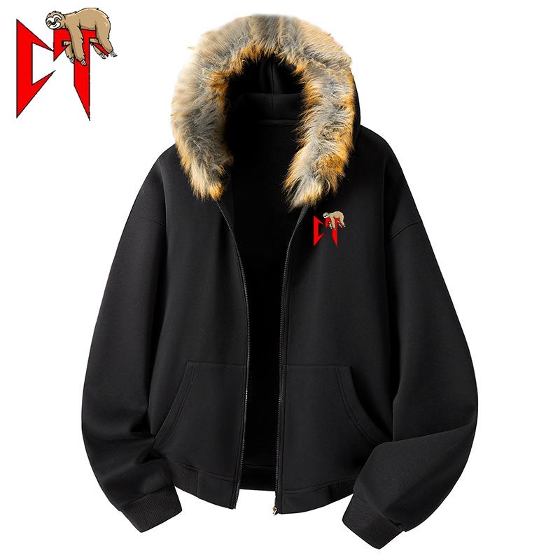 Warm Hooded Cardigan Sweatirt Men Winter Coat Cotton Youth Fur Collar Sportswear