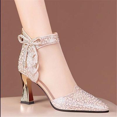 Womens Glamorous Rhinestone Glitter Boots Bowknot Trendy Hollow Out Design Chunky Heels Point Toe Elegant Banquets Shoes