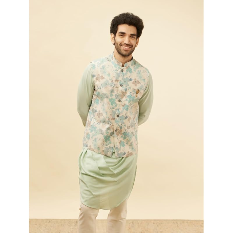 Manyavar Mens Beige Blended Linen Printed Kurta Trouser Jacket Set