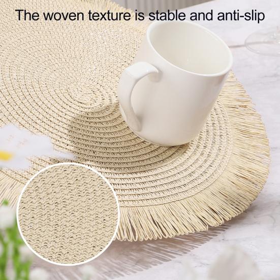 Braided Round Placemats Woven Tassel Table Mats for Kitchen Dining Heat Resistant Natural Fabric Place Mats Indoor Outdoor Use