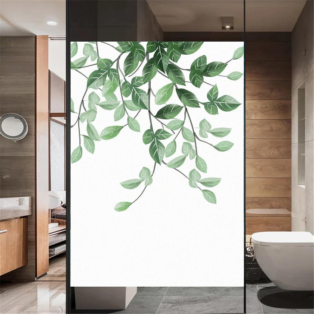 Window Film Privacy Green Leaves Frosted Glass Sticker Heat Insulation and Anti UV Blocking Self Adhesive sticker for Home