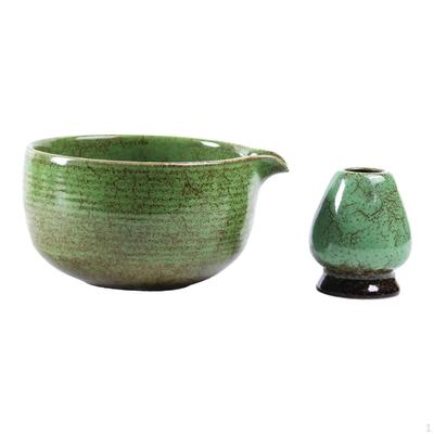 Ceramic Matcha Bowl Tea Set, Whisk Holder Glazed Handmade Traditional with Pouring Spout,