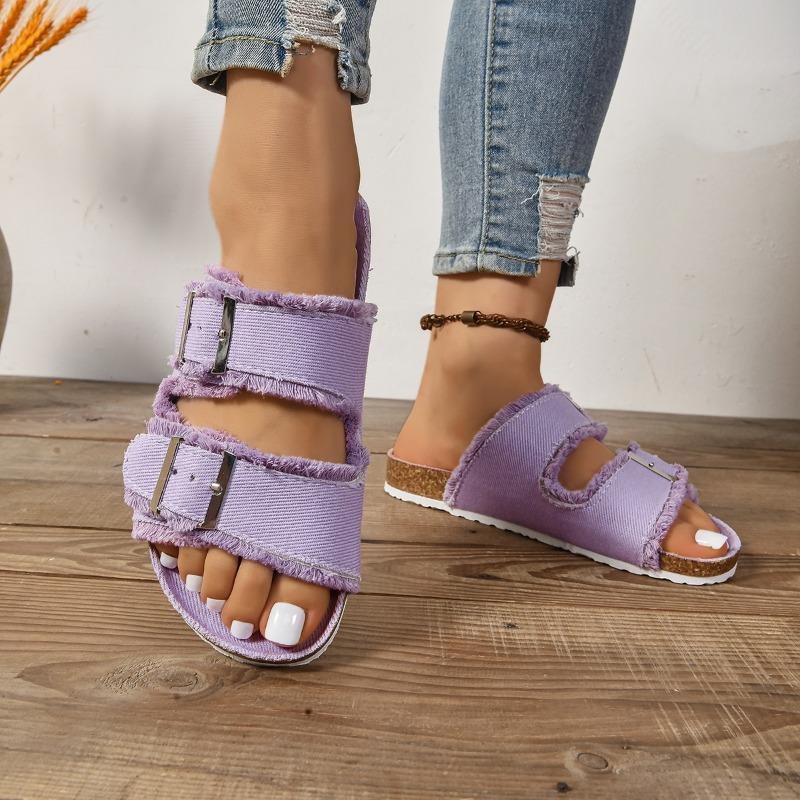 Mode Dam Sandaler Sommar Nya Rund Tå Öppen Tå Tyg Metallspänne Halkfria Slitstarka Platta Tofflor