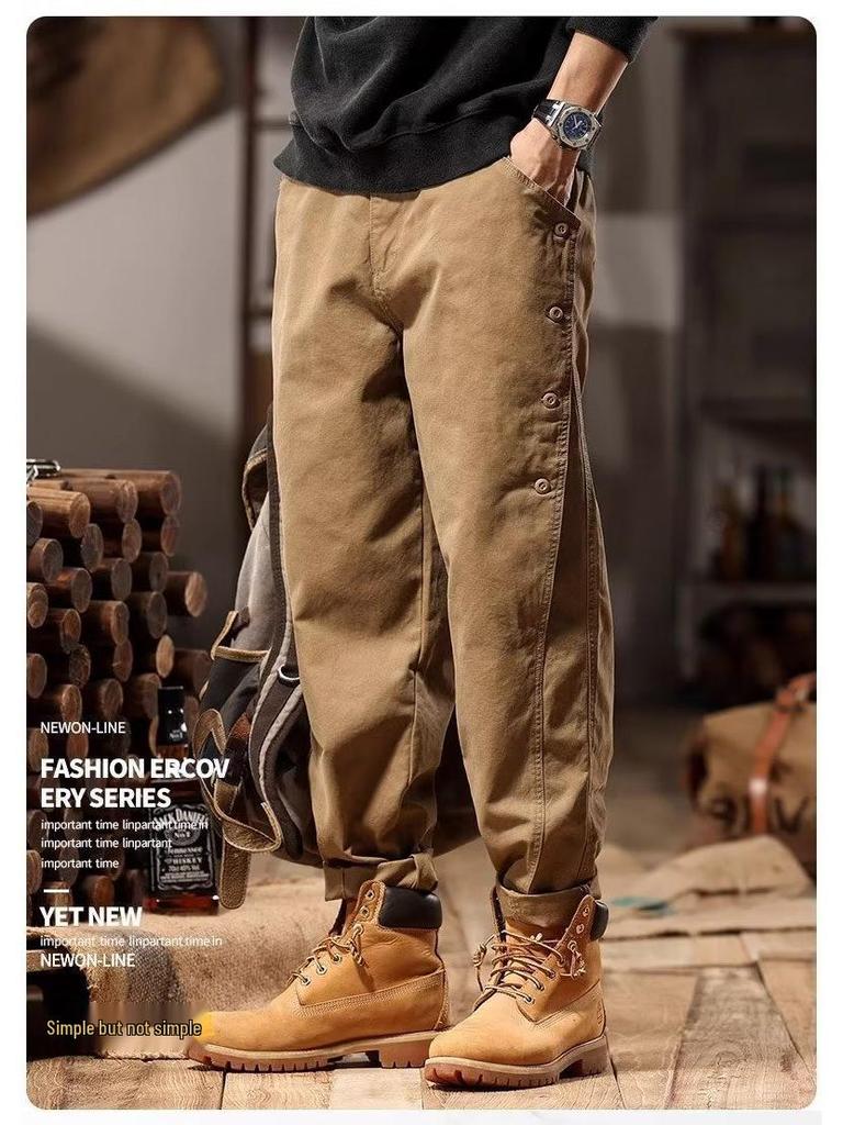 Men's American Retro Wide-Leg Overalls: Spring & Autumn Trendy Button-Down Casual Pants