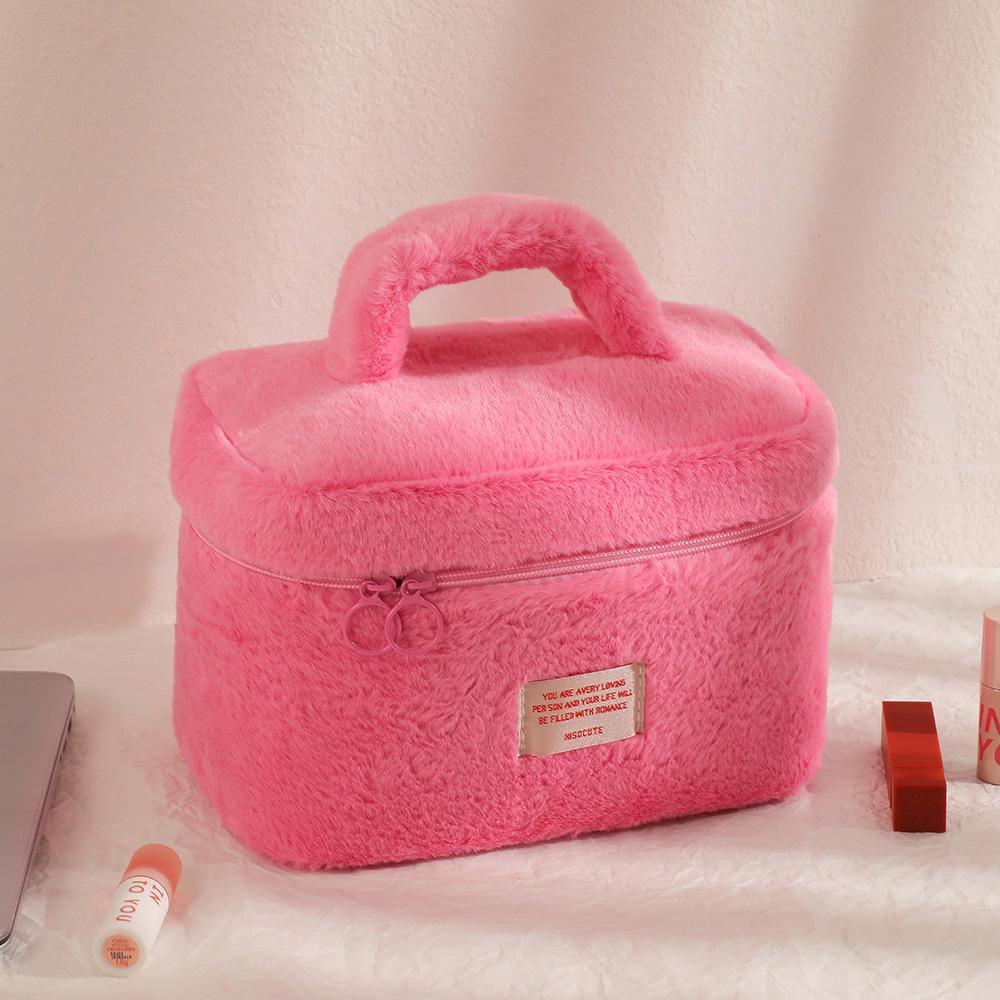 Borsa da Trucco e Articoli da Toeletta in Peluche Monocolore Stile Coreano - Grande Capacità e Portatile per Donne