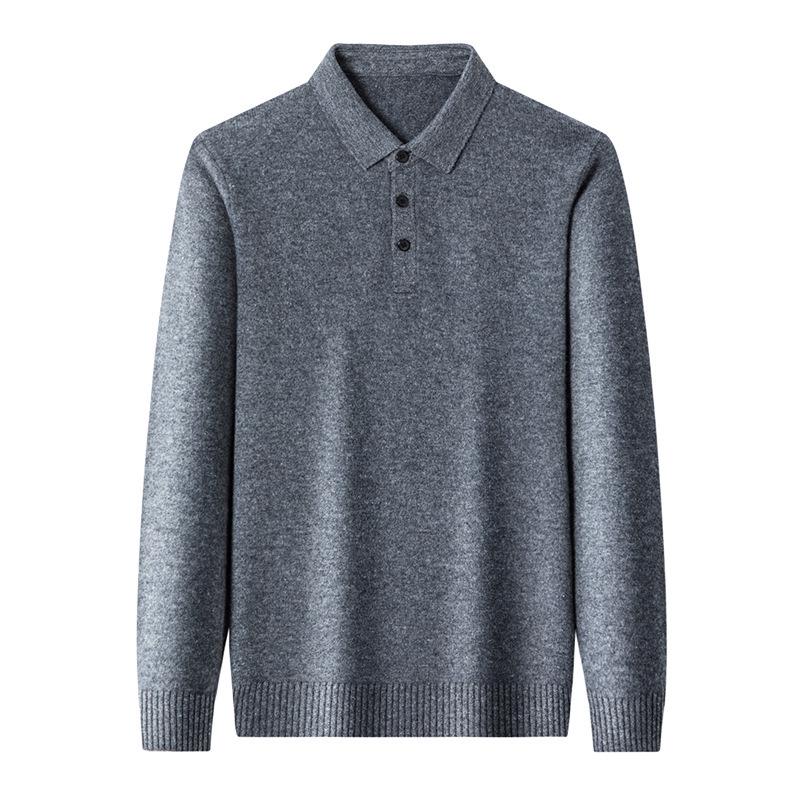 Men's 100% Pure Wool 9-Pin Lapel Sweater, 430g Thickened Base Layer for Middle-Aged Business Casual, Plain Knit.