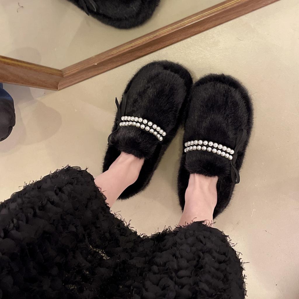 Plush thick-soled fluffy shoes for women's outer wear 2025 new winter pearl bow small fragrant soft-soled cotton shoes