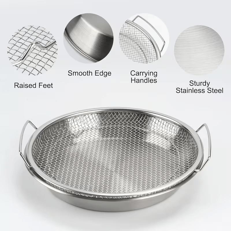 Polished Stainless Steel Oil Filter Tray, Reusable Round Mesh Basket for Frying/Grilling,All-Season Kitchen Strainer with Handle