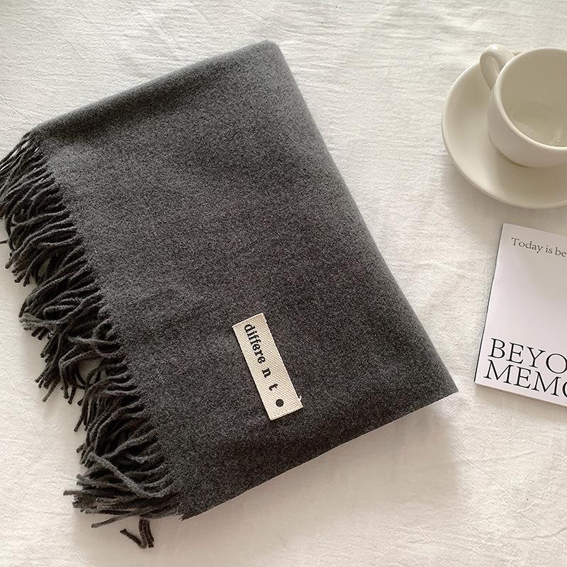 Flowing Fringe, Color-blocked, Simple Design, Faux Cashmere-like Scarf, Winter-thick, Cape-style, Student-friendly, Solid Color.