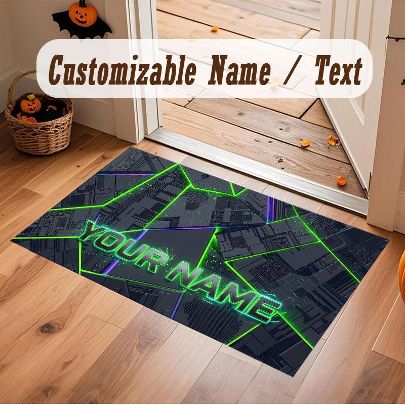 City Cyberpunk Theme Crystal Velvet Floor Rug Personalized Custom Name Text Warm Carpet Home Decoration