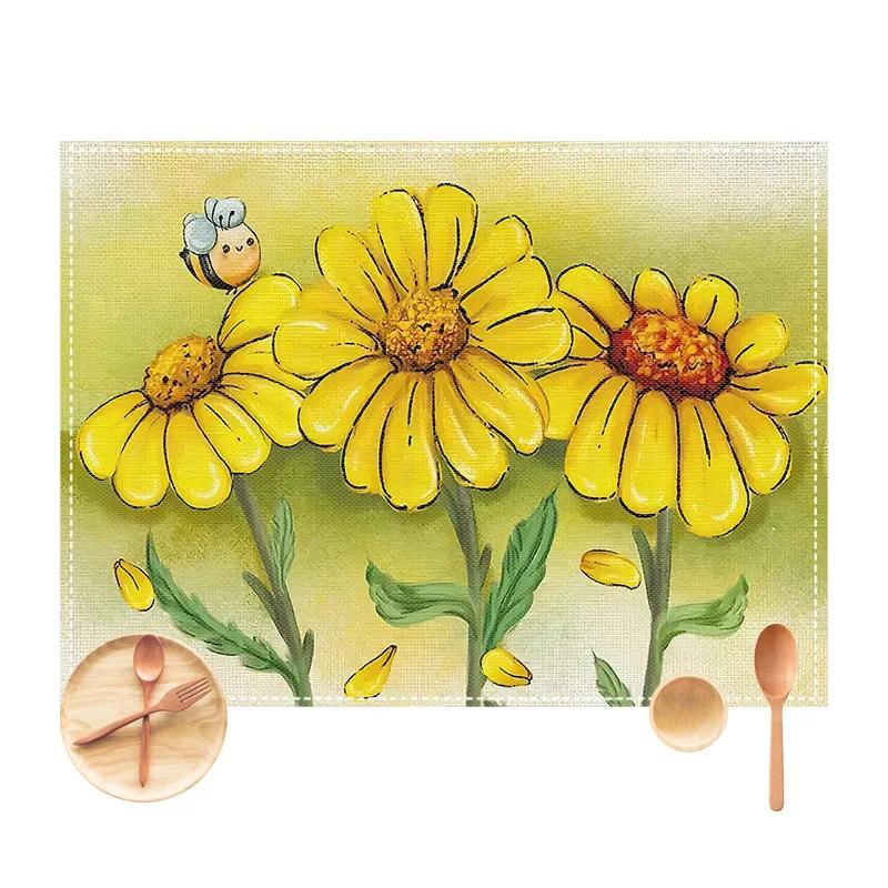 1 Stück Sonnenblumen-Bienen-Platzset Esstisch Sommer-Thema Tischdekoration Leinen Tischgeschirr Untersetzer Küchenzubehör für Kindergeburtstagsparty