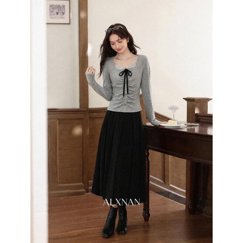 Luxiangnan Women's Slim Fit Bow Detail Fake Two-Piece Long Sleeve Top