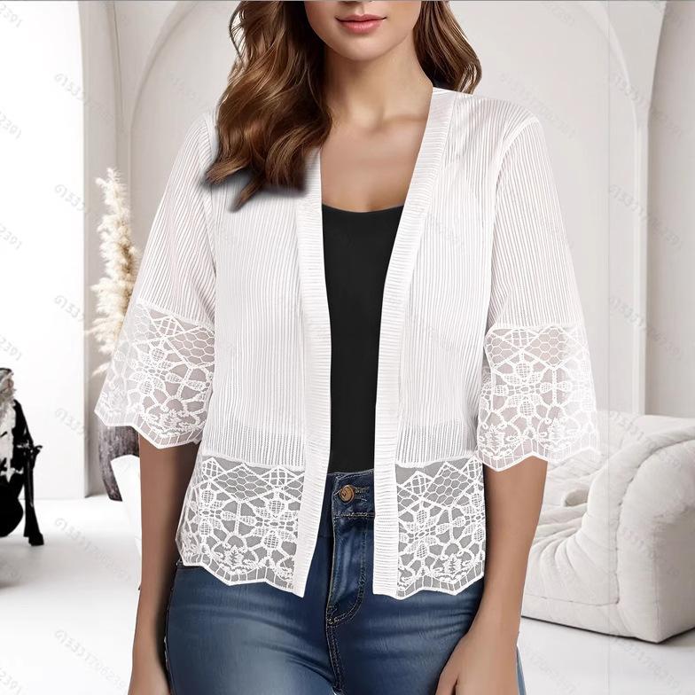 Spring and Summer New Mid-length Cardigan with Three-quarter Sleeves, Lace, and A Sun-protective Shawl for Women, An Air-conditioned Jacket