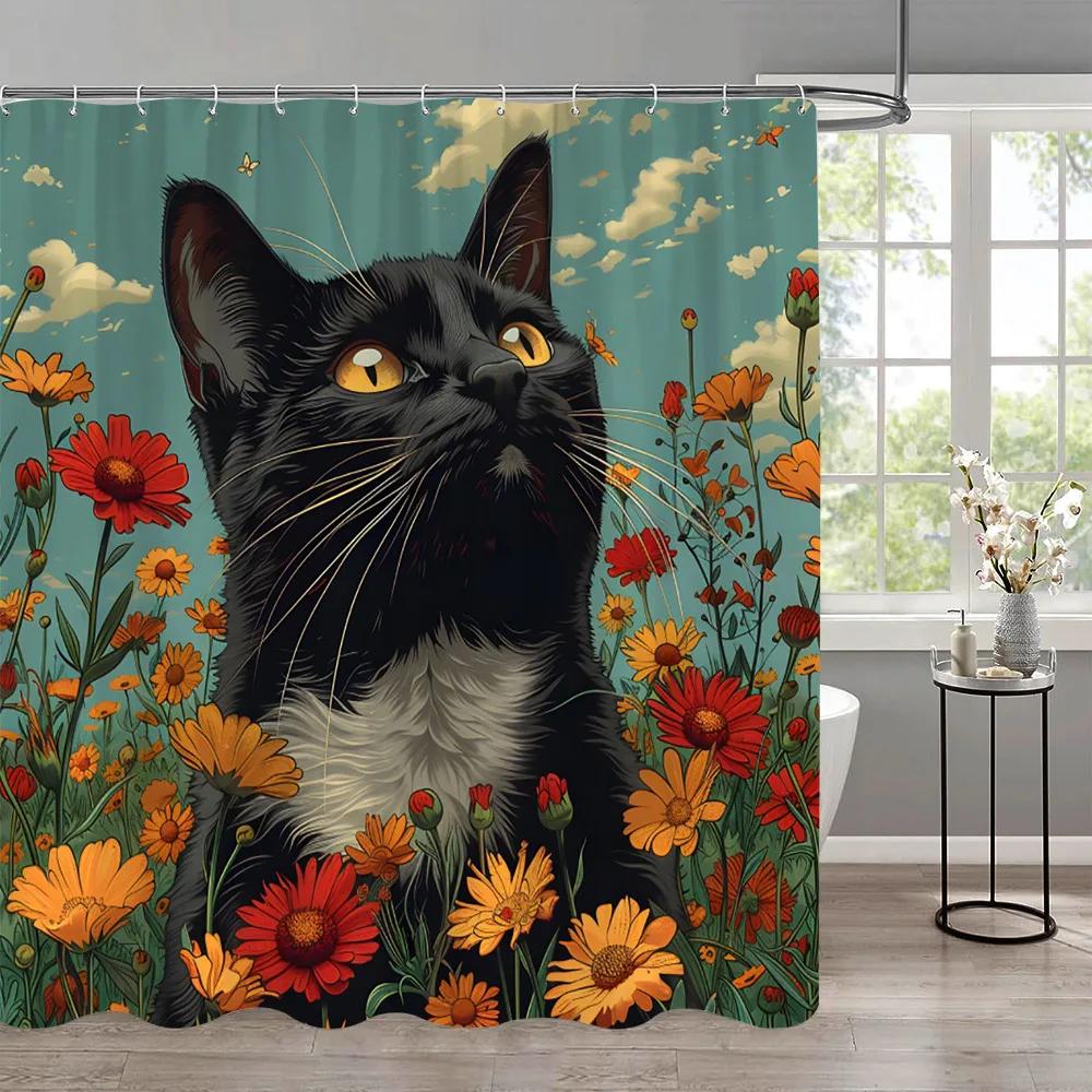 Funny Cat Children'S Shower Curtain Colourful Cartoon Patterns Children'S Room Curtains Bathroom Decor Accessories With Hooks