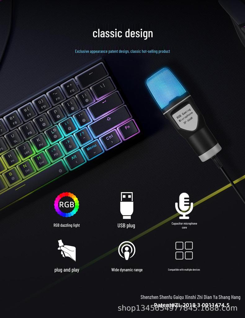 SF-666R RGB USB Condenser Microphone with Shock Mount for Gaming