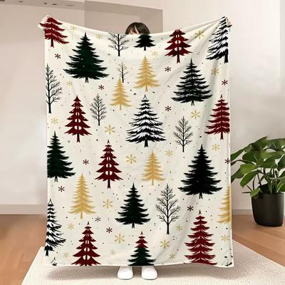 1PC Christmas Tree and Snowflake Print Blanket-Made of Soft Plush Flannel, Lightweight and Durable, It's Perfect for Sofas, Beds
