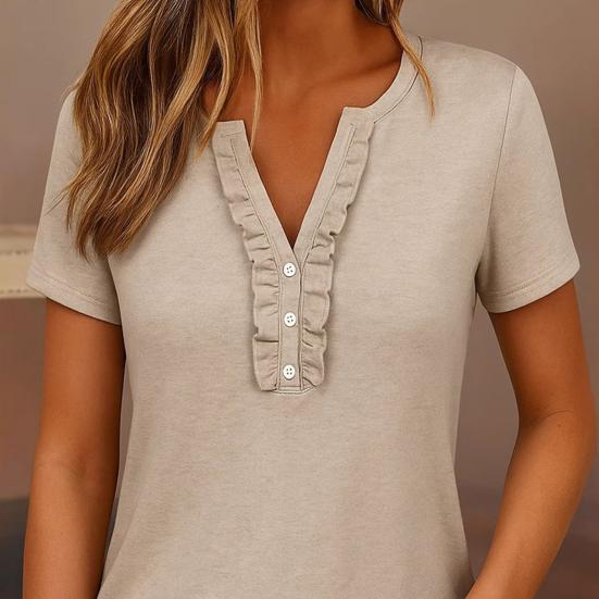 Women Tops V Neck Ruffle Trim Buttons Half Placket Short Sleeve Regular Fit Casual T-shirt Pure Color Summer Tops