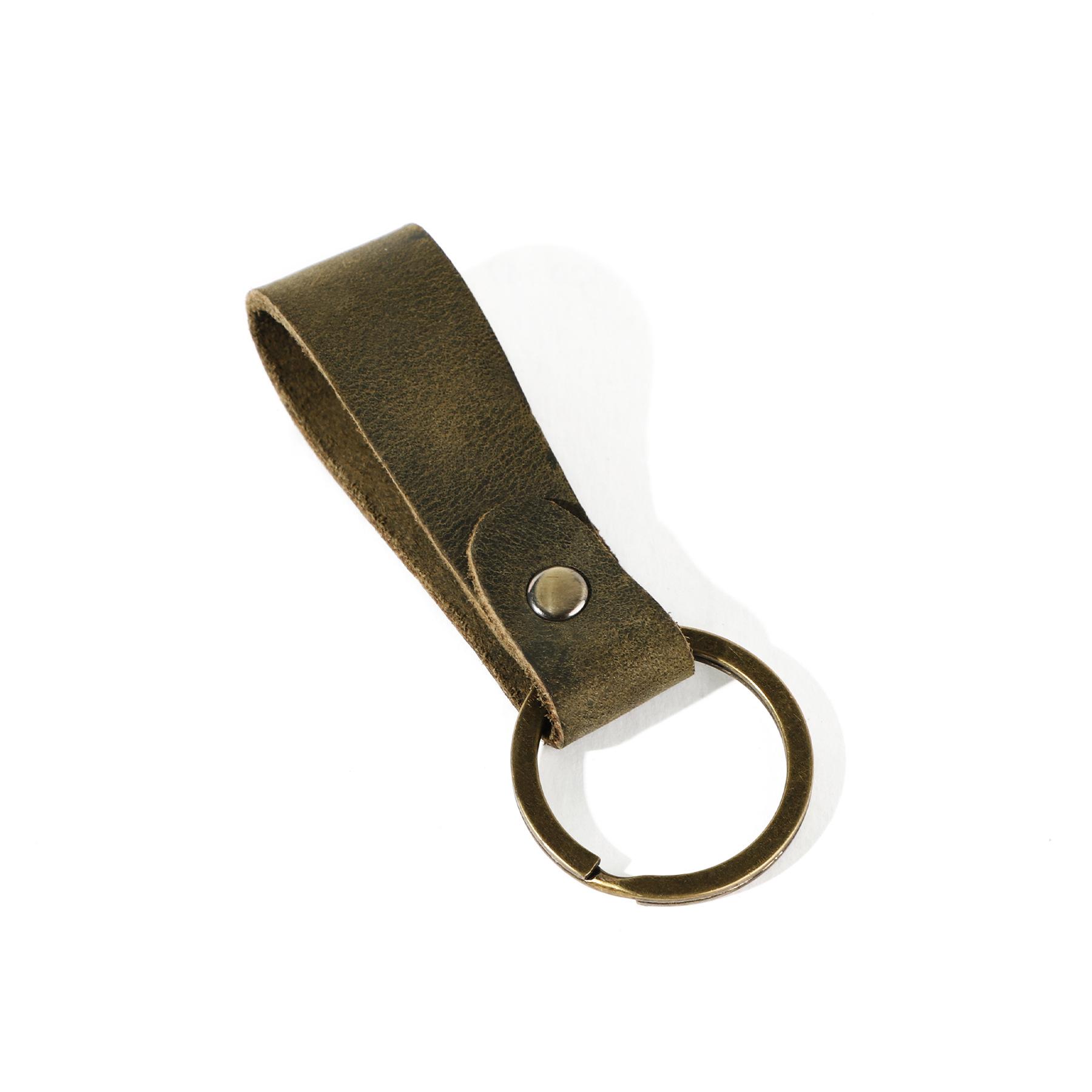 Vintage Minimalist Crazy Horse Leather Keychain: Personalized Genuine Leather Keyring Holder Gift