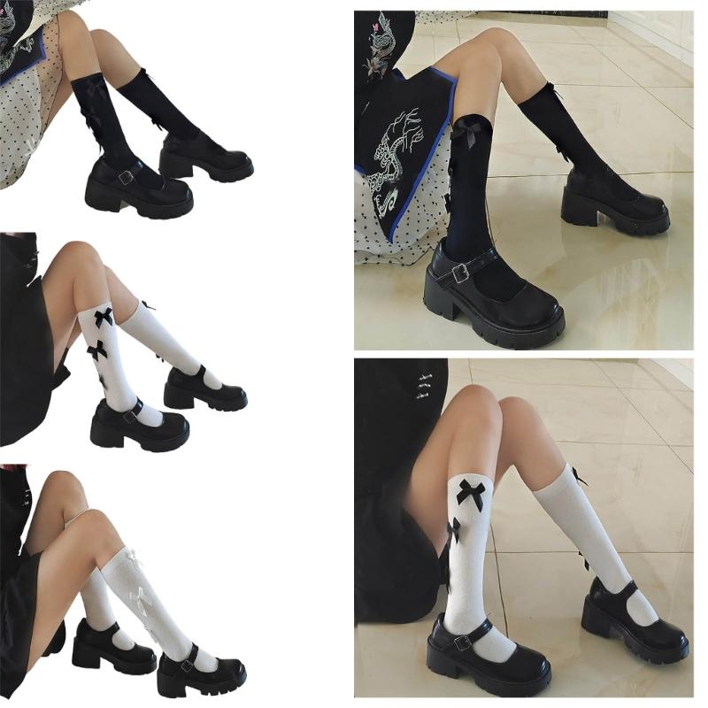 1 Pair Women Ruffle Socks Girl Lace Topped Calf Socks Frilly Socks with Bowties Cotton Socks Princess Style Dress Socks