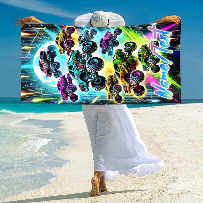 1PC Custom Name Monster Truck Showdown Beach Towel Highly Absorbent And Sand-Resistant Towel for Swimming, Pool, Yoga, And Travel Lightweight
