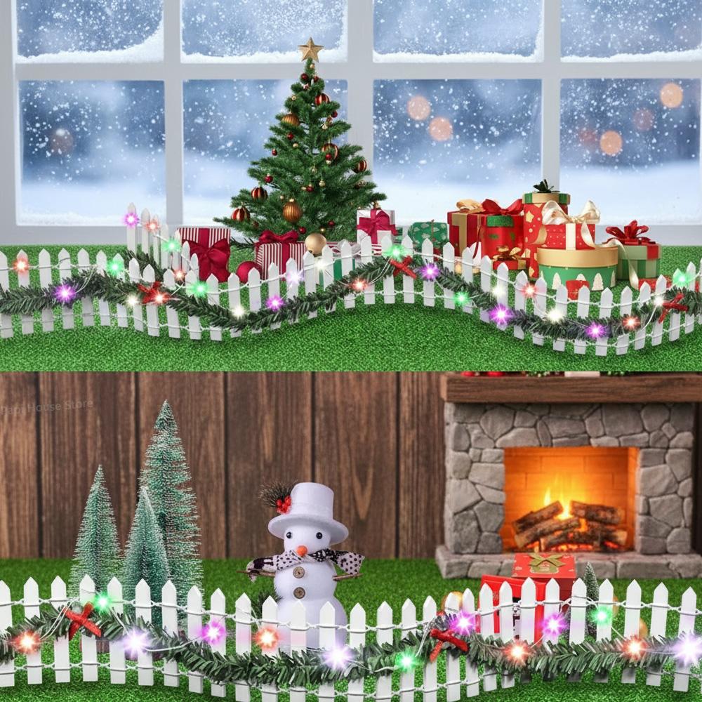 Miniature Wooden Fence for Dollhouse Fairy Garden, Christmas Decor with LED Light, Rattan Landscaping Diorama Scenery Prop