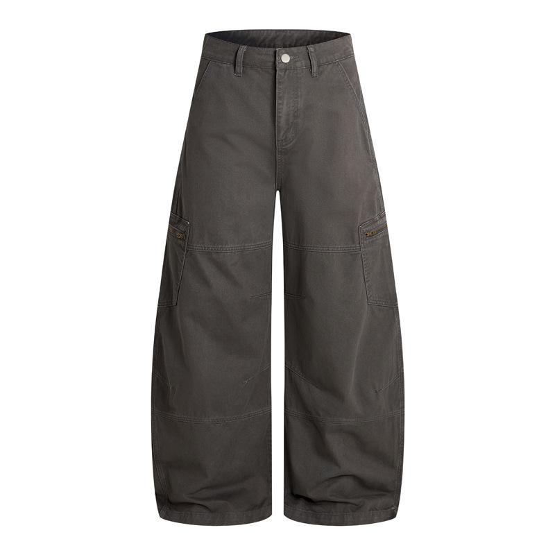 Light Gray American Retro Scimitar Pants Tooling Zipper Pocket Casual Pants Loose Versatile Wide Legs Mopping Long Pants