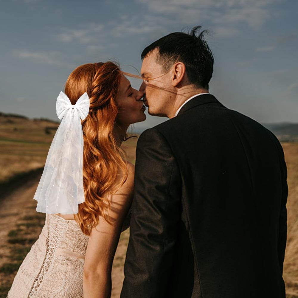 Tulle Bow With Pearls Wedding Headdress White Bridal Veils  for Women's Wedding Veils