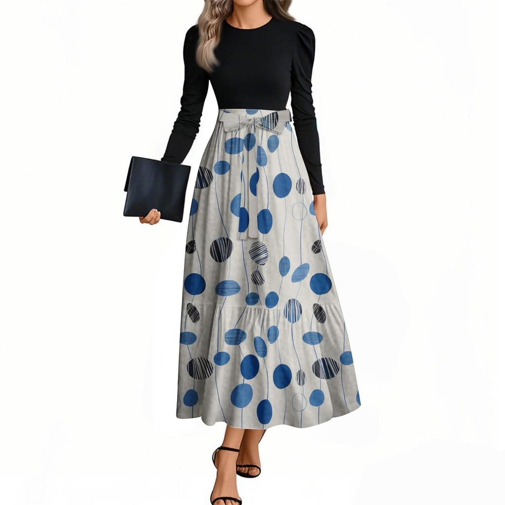 Rochii de damă la modă, casual, cu centură, cu mânecă lungă, cu gât rotund, cu imprimeu floral, elegante, cu temperament