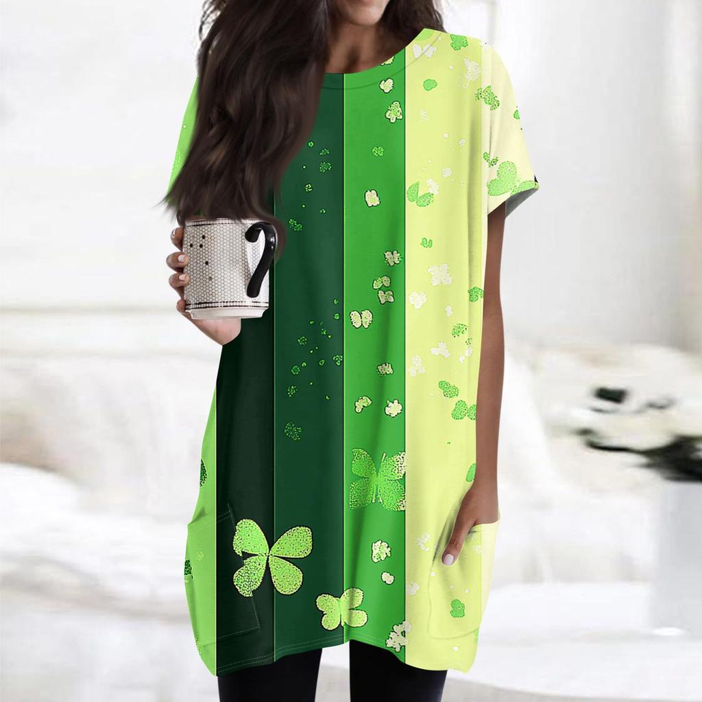 Women's Fashion Casual Short Sleeve Print Round Neck Double Pocket T-Shirt Top