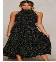 Women's long dress popular new neck polka dot printing lace-up dress