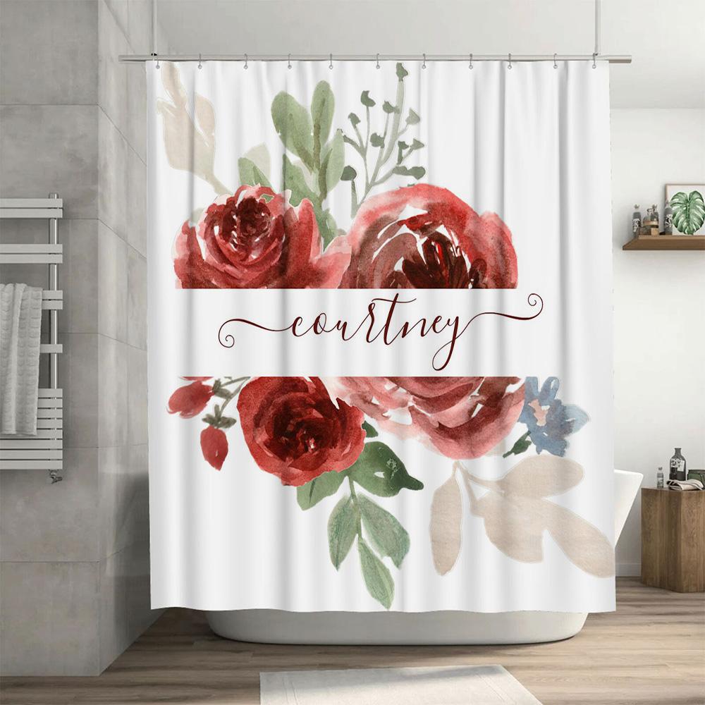 Watercolor Floral Bath Curtain With Name For Bathroom Decor Red Rose Design Shower Curtain 72 X 84 Inches