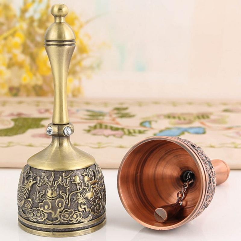 Hand Call Dinner Bell,Engraving Inlaid Gem Multi-Purpose Bells Craft Hand-Cranked Bell Alarm School Church Hotel Vintage Bell