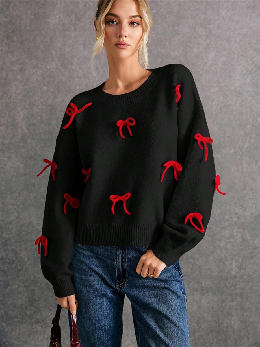 

Red Bow Knot Loose Fit Crewneck Pullover Sweater Autumn Top L чорний