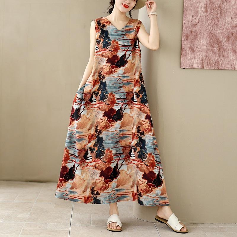 Sleeveless Plus Size Cotton Vintage Floral New In Dresses for Women Casual Loose Long Summer Dress