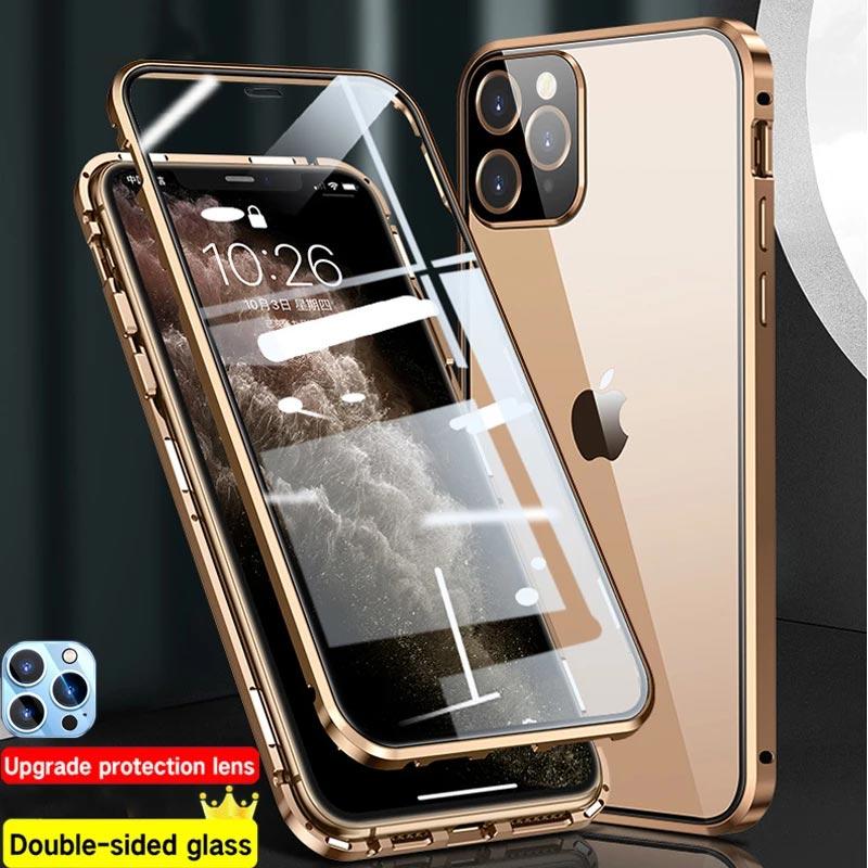 Luxusní kovové pouzdro na telefon s magnetickou adsorpcí pro iPhone 15 11 12 13 14 Pouzdro na objektiv Pro Max X XR XSMax Ochranné sklo 360°