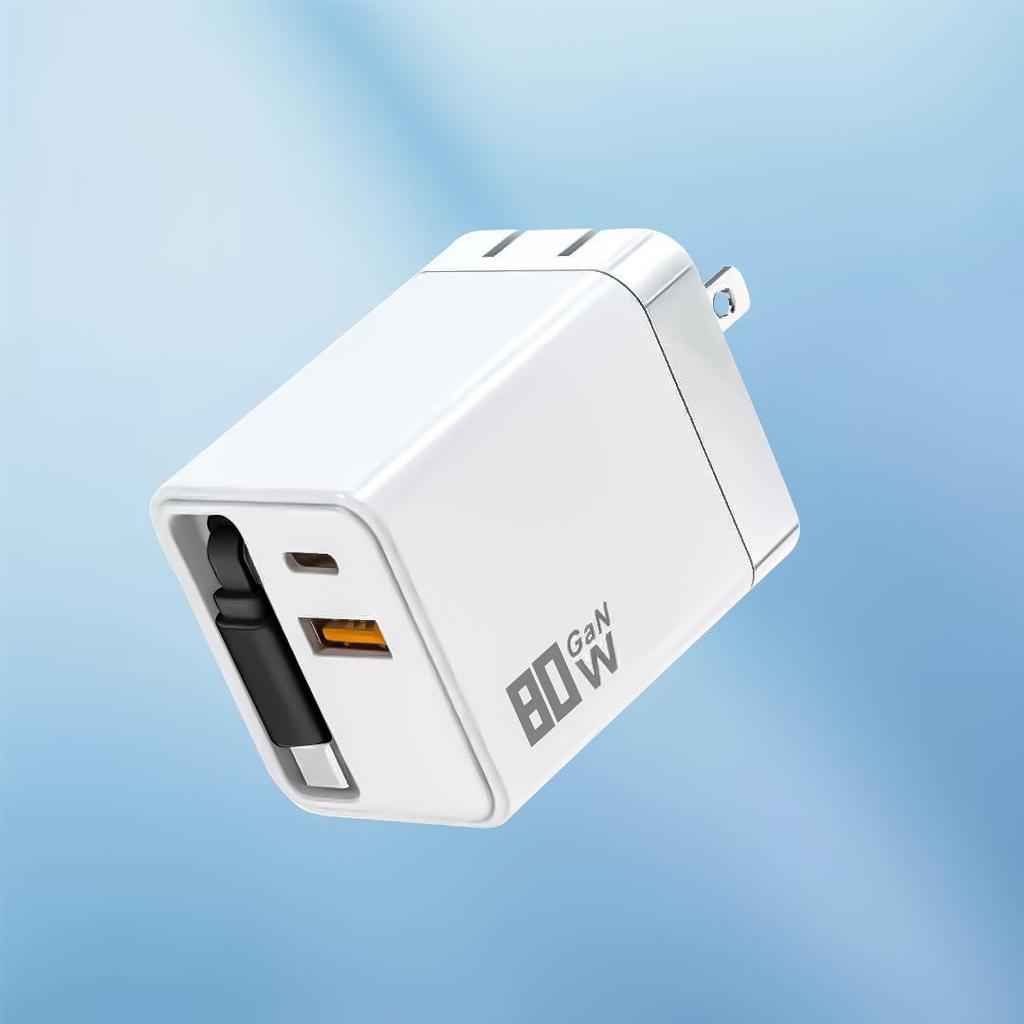 80W GaN Dual Port Retractable Fast Charger for Apple, Android, Huawei - USB A+C