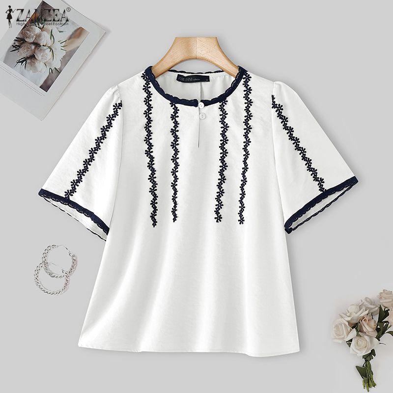 ZANZEA Women Round Neck Summer Casual Short Sleeve Blouse