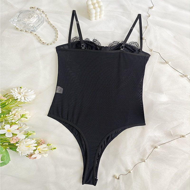 European & American Lace Patchwork See-through Slim Fit Bodysuit