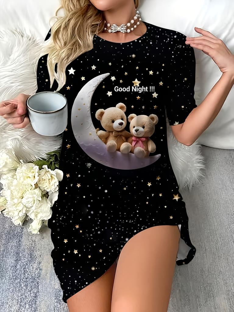 Dress with Teddy Bear. Moon. Stars. and ;Good Morning; Lettering in a Night Sky Pattern. Adorned with Star Accents. Four-season Polyester Blend Pajama