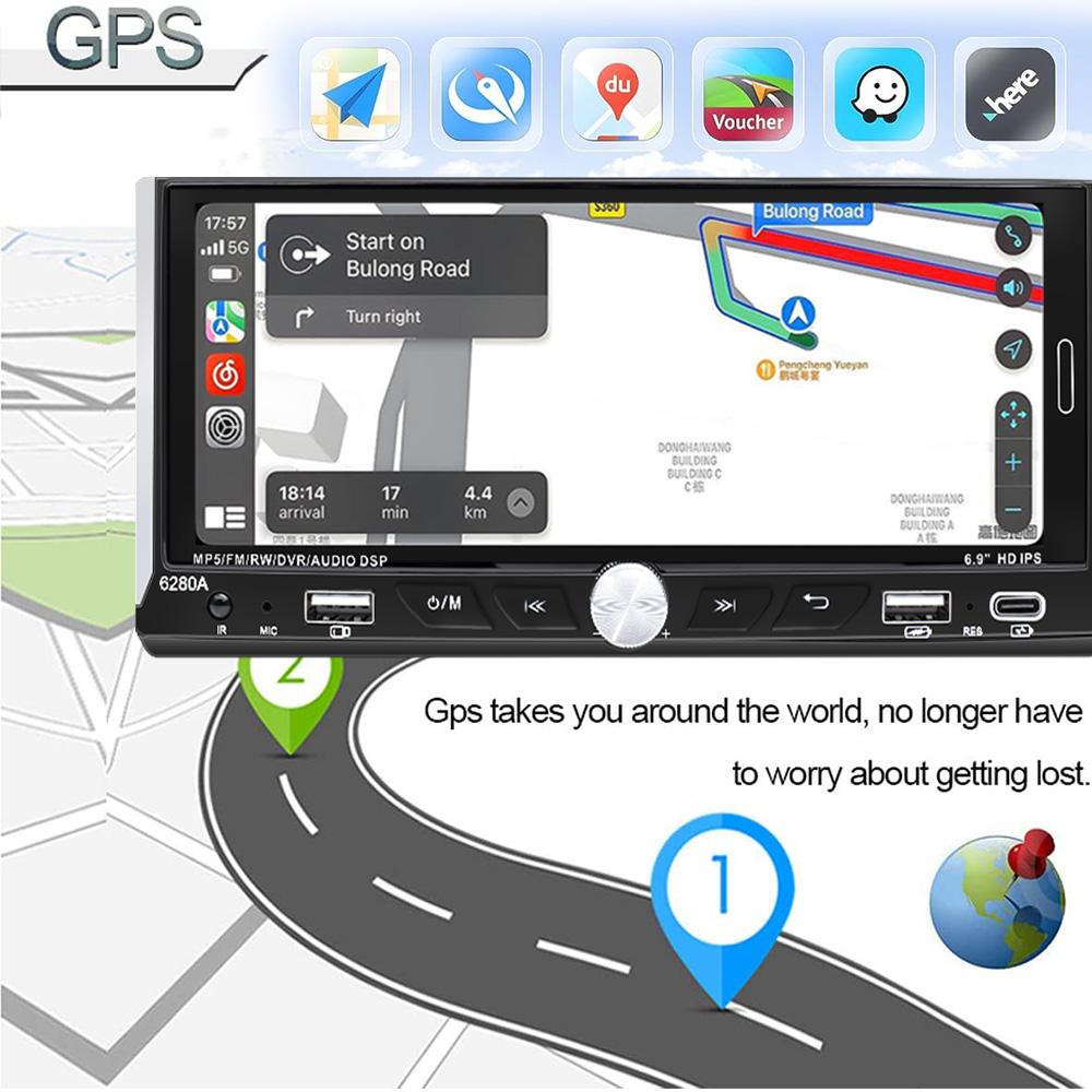 1 Din Car Stereo MP5 Player Car Radio 6.9 Inch Multimedia Player Carplay Android Auto Bluetooth Screen Mirroring USB