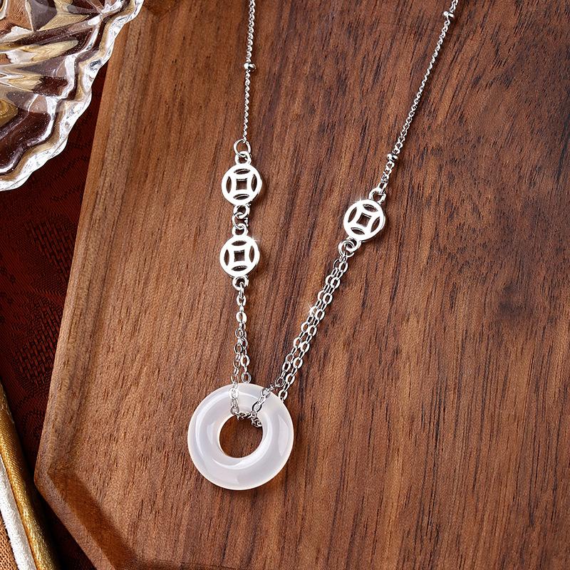 

Chinese Style Ethnic 925 Silver Chalcedony Peace Buckle Coin Necklace for Women 925 silver